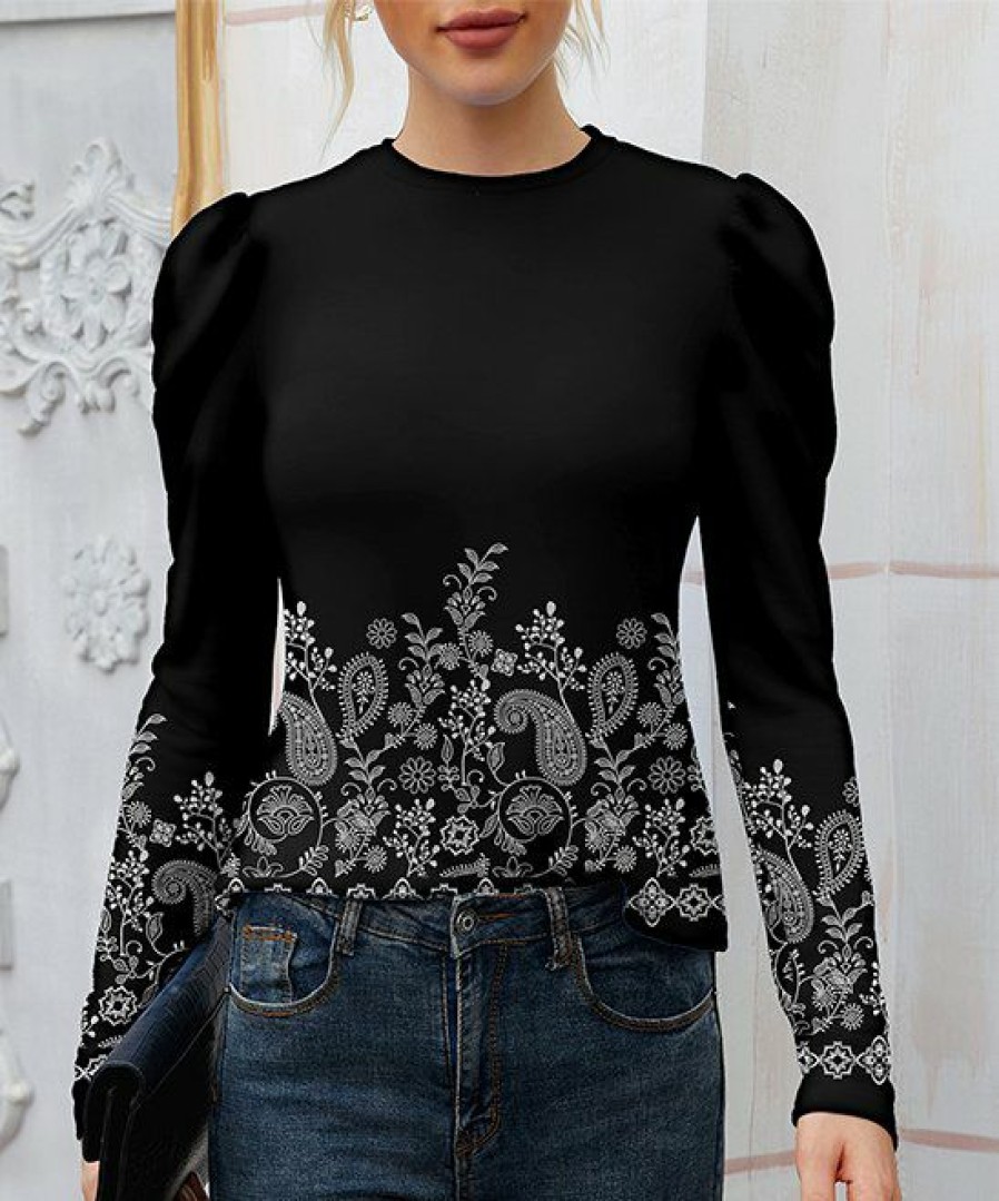 Women * | Top 10 Izuria Black & White Paisley Crewneck Puff-Sleeve Top Women