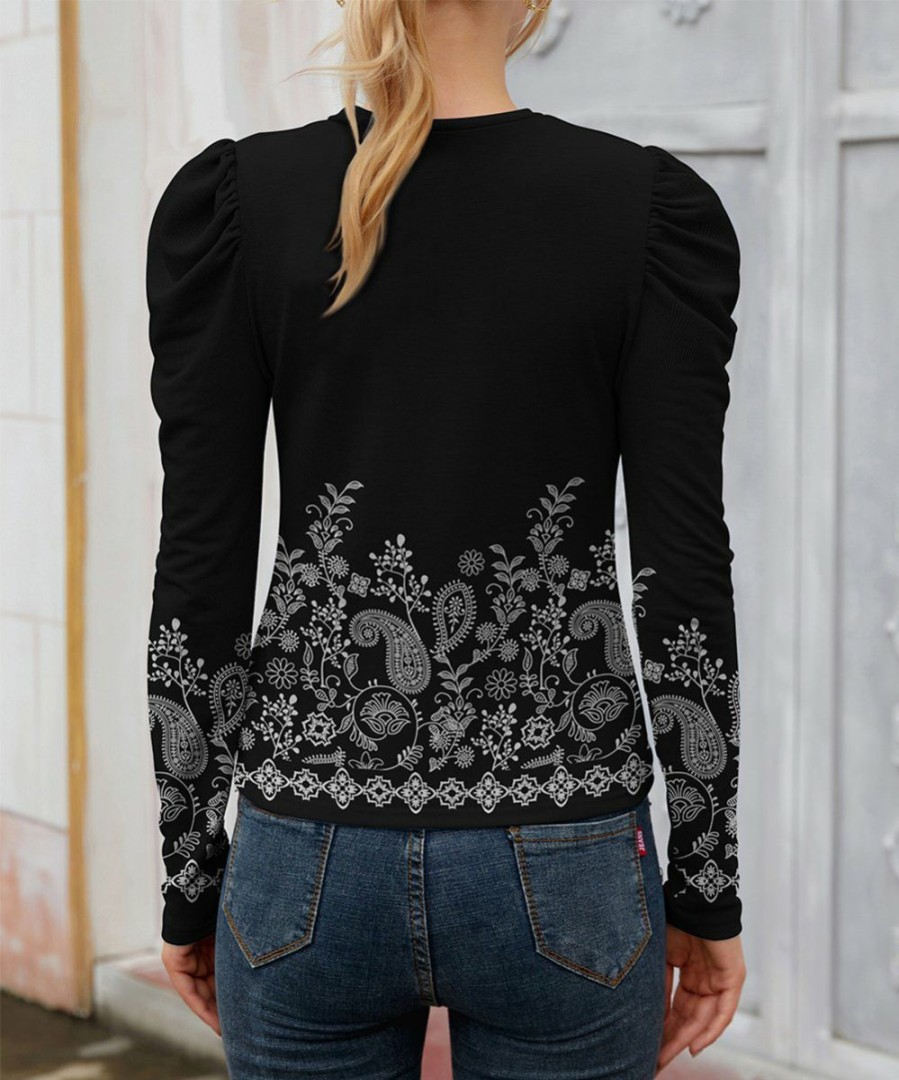 Women * | Top 10 Izuria Black & White Paisley Crewneck Puff-Sleeve Top Women