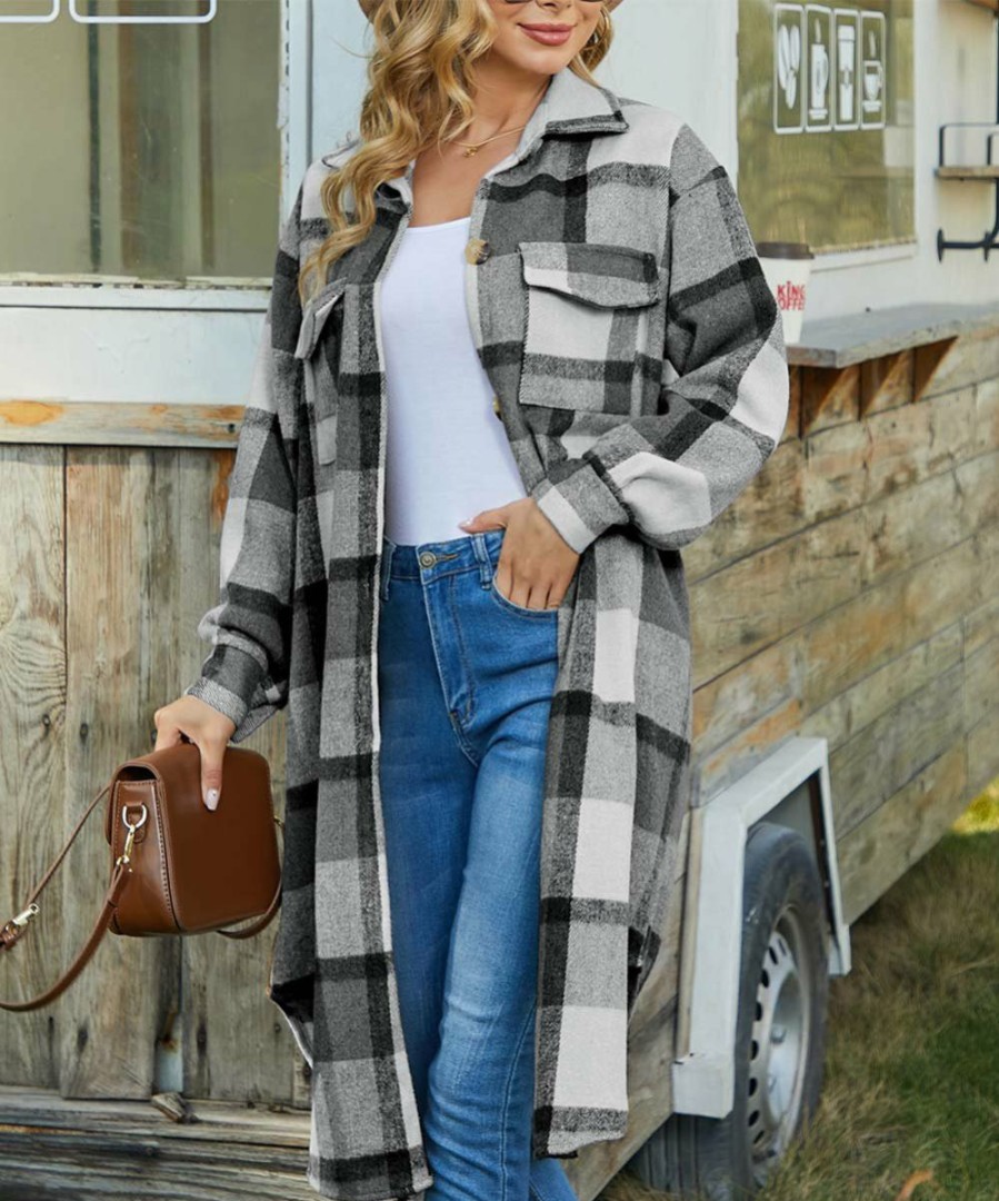 Women * | Buy Izuria Black & Gray Plaid Pocket Longline Button-Up Shacket Women & Plus