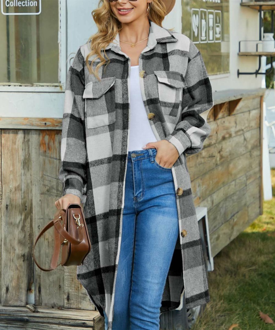 Women * | Buy Izuria Black & Gray Plaid Pocket Longline Button-Up Shacket Women & Plus