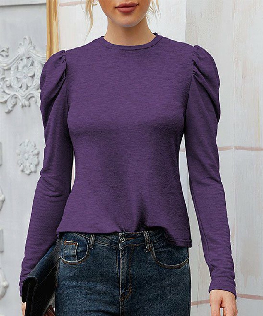 Womens Plus * | Best Deal Izuria Purple Puff-Sleeve Crewneck Top Women & Plus