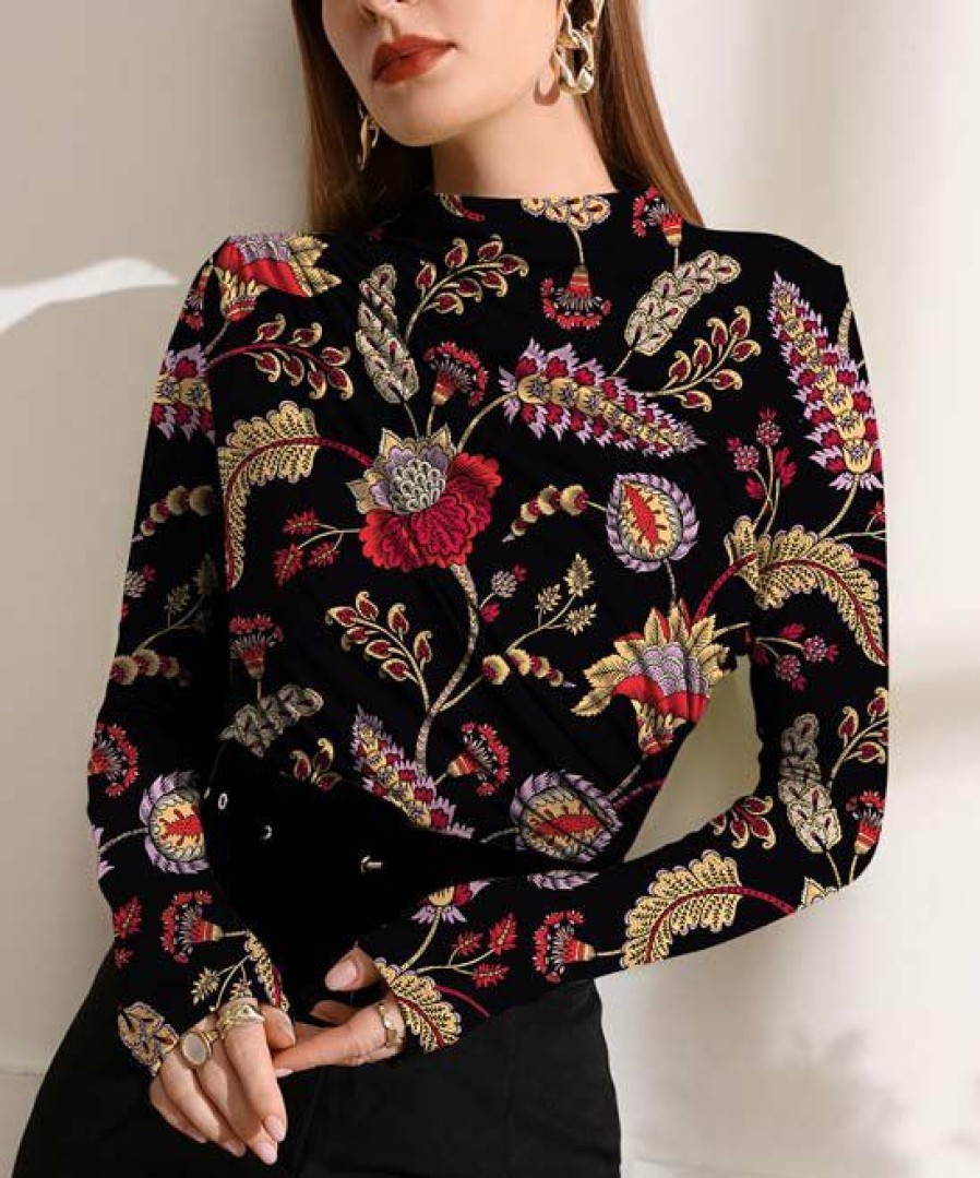 Women * | Discount Izuria Black & Red Floral Ruched-Front Long-Sleeve Top Women & Plus