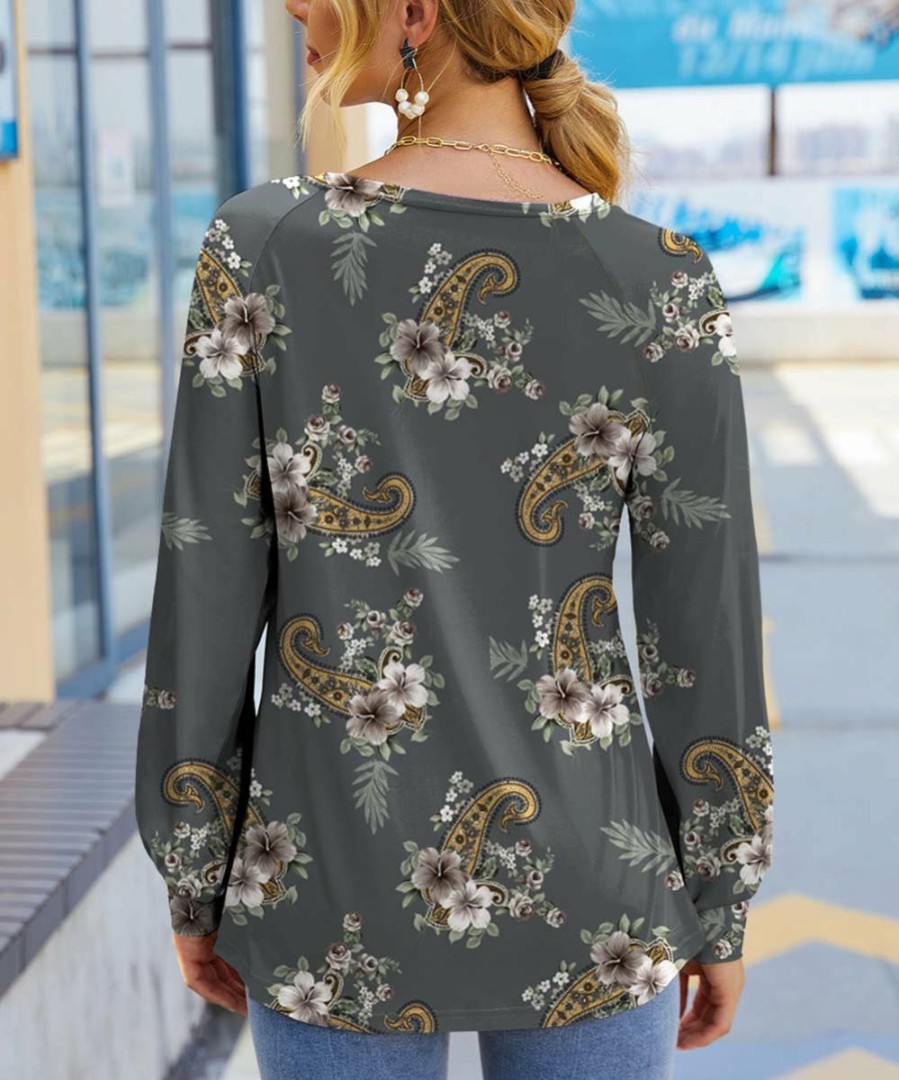 Other * | Promo Izuria Gray & Brown Floral Paisley-Accent Bishop-Sleeve Top Women