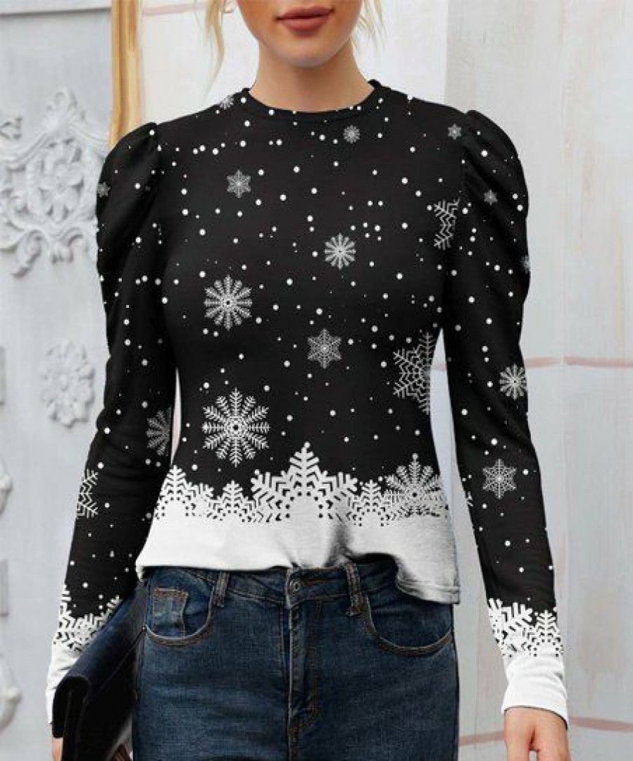 Womens Plus * | Flash Sale Izuria Black & White Ombre Snowflakes Puff-Sleeve Top Women