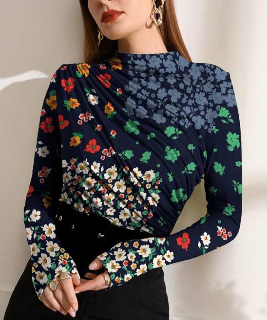 Women * | Best Pirce Izuria Navy & Blue Floral Ruched-Front Long-Sleeve Top Women