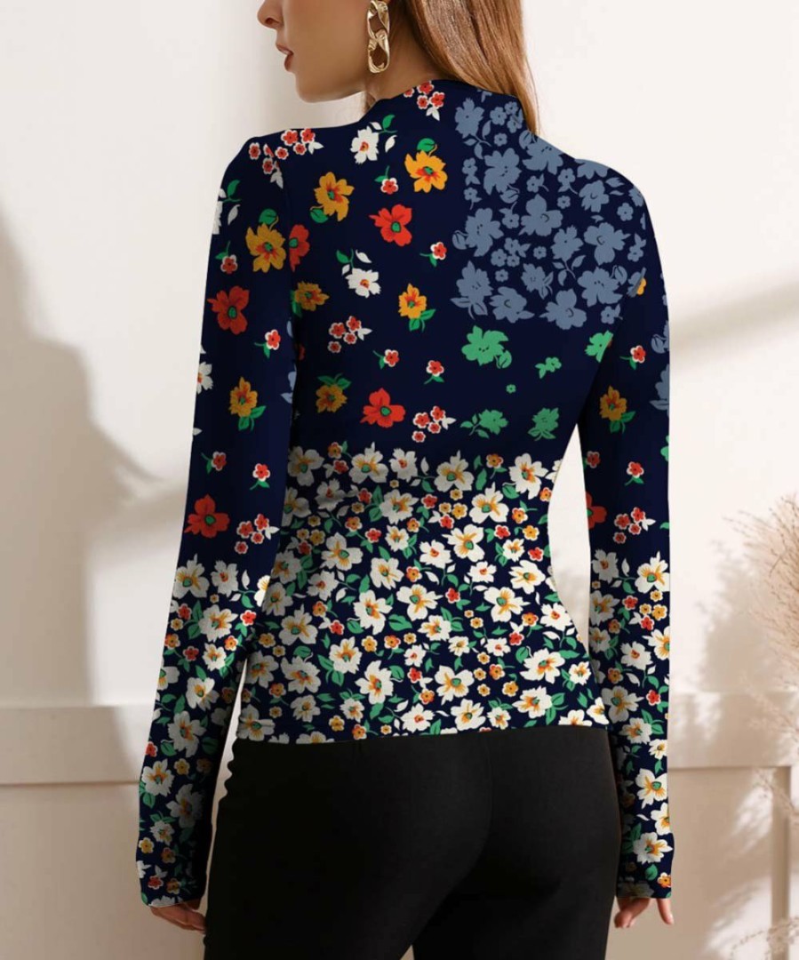 Women * | Best Pirce Izuria Navy & Blue Floral Ruched-Front Long-Sleeve Top Women