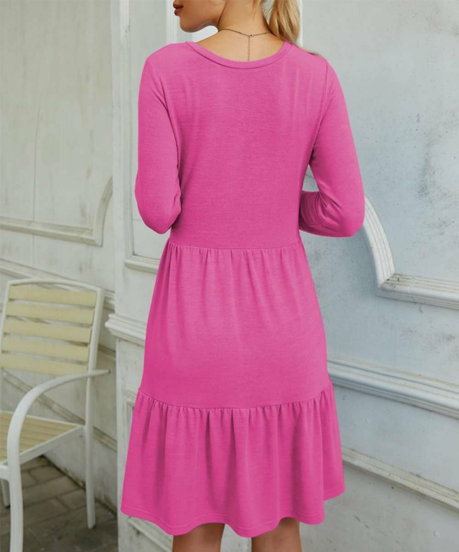 Womens Plus * | Coupon Izuria Fuchsia Ruffle-Accent Long-Sleeve A-Line Dress Women