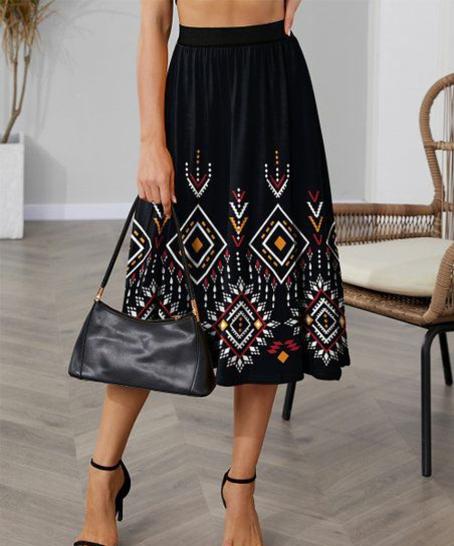 Women * | Best Sale Izuria Black & White Geo Elastic-Waist Midi Skirt Women & Plus