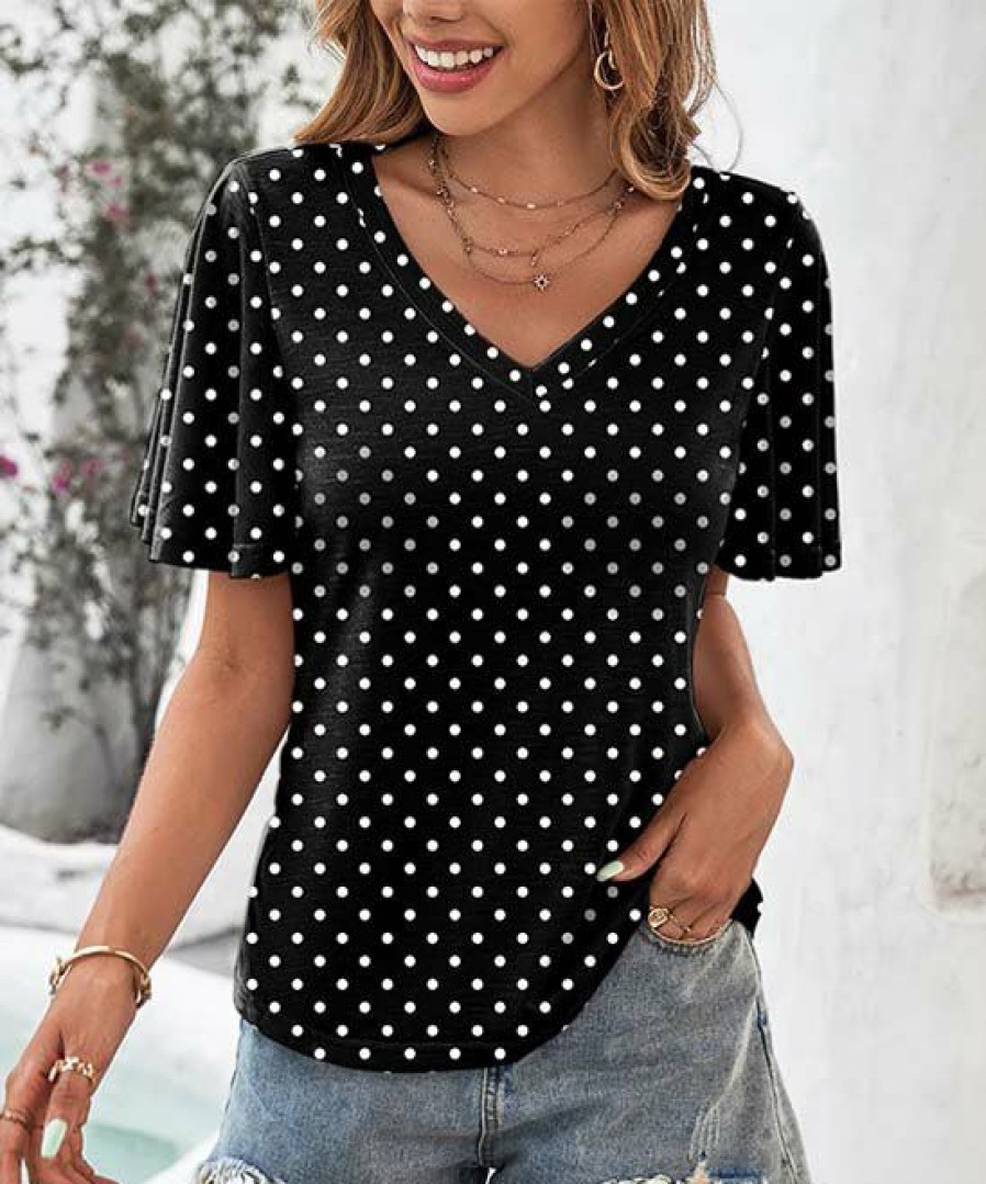 Women * | Best Deal Izuria Black & White Polka Dot Bell-Sleeve V-Neck Top Women