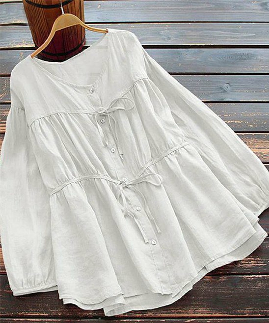 Women * | Brand New Izuria White Drawstring Shirred Button-Up Peasant Top Women