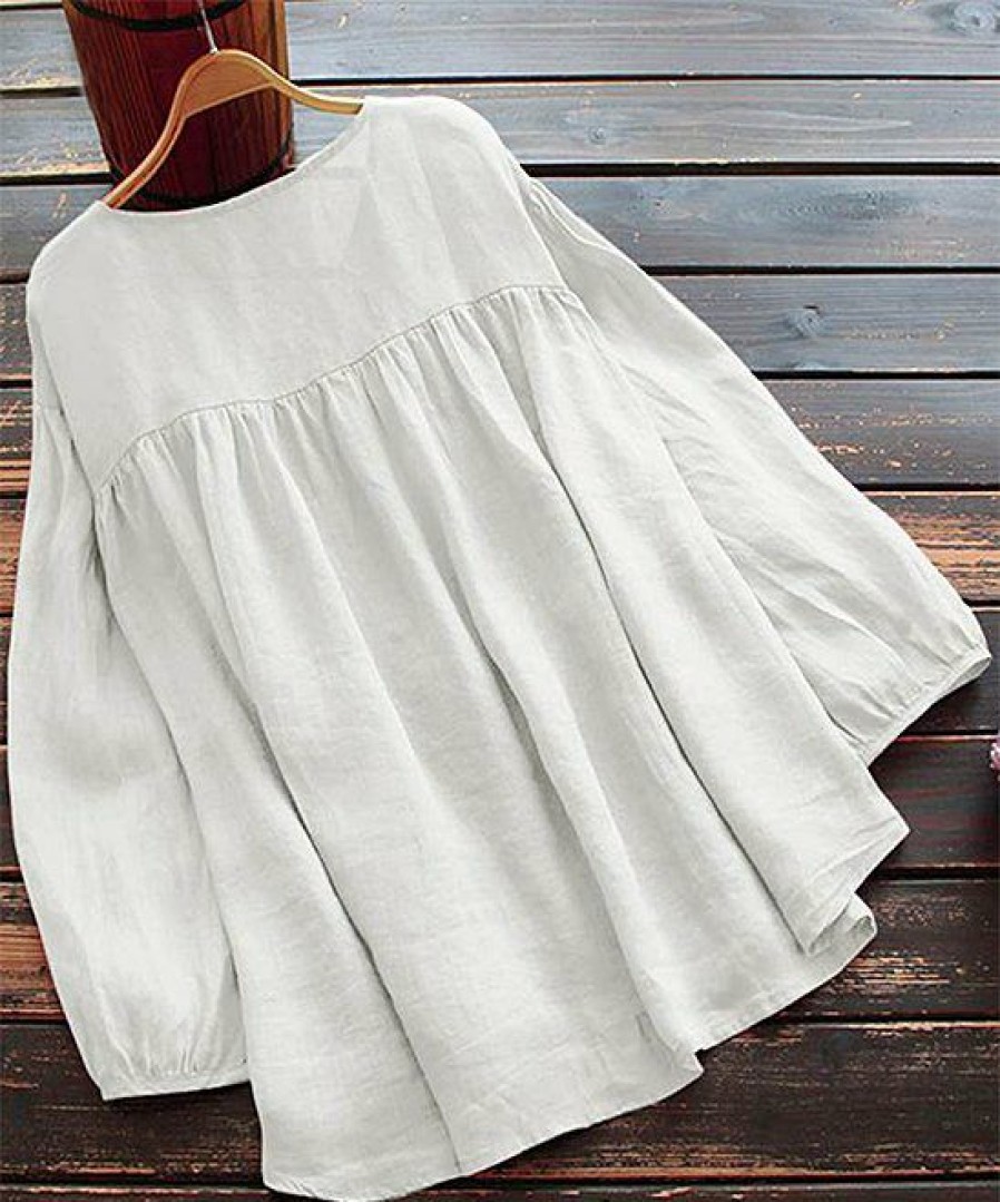 Women * | Brand New Izuria White Drawstring Shirred Button-Up Peasant Top Women