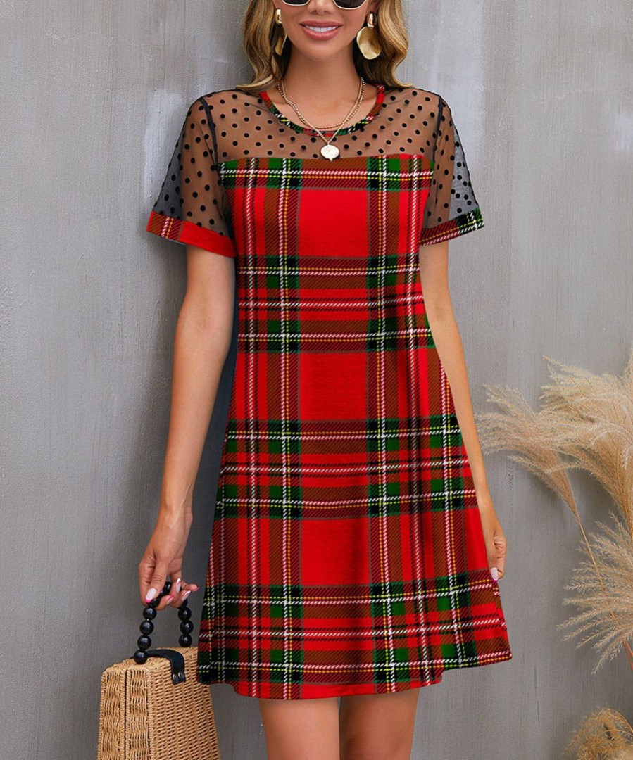 Women * | Best Reviews Of Izuria Red & Green Plaid Sheer-Accent Shift Dress Women & Plus