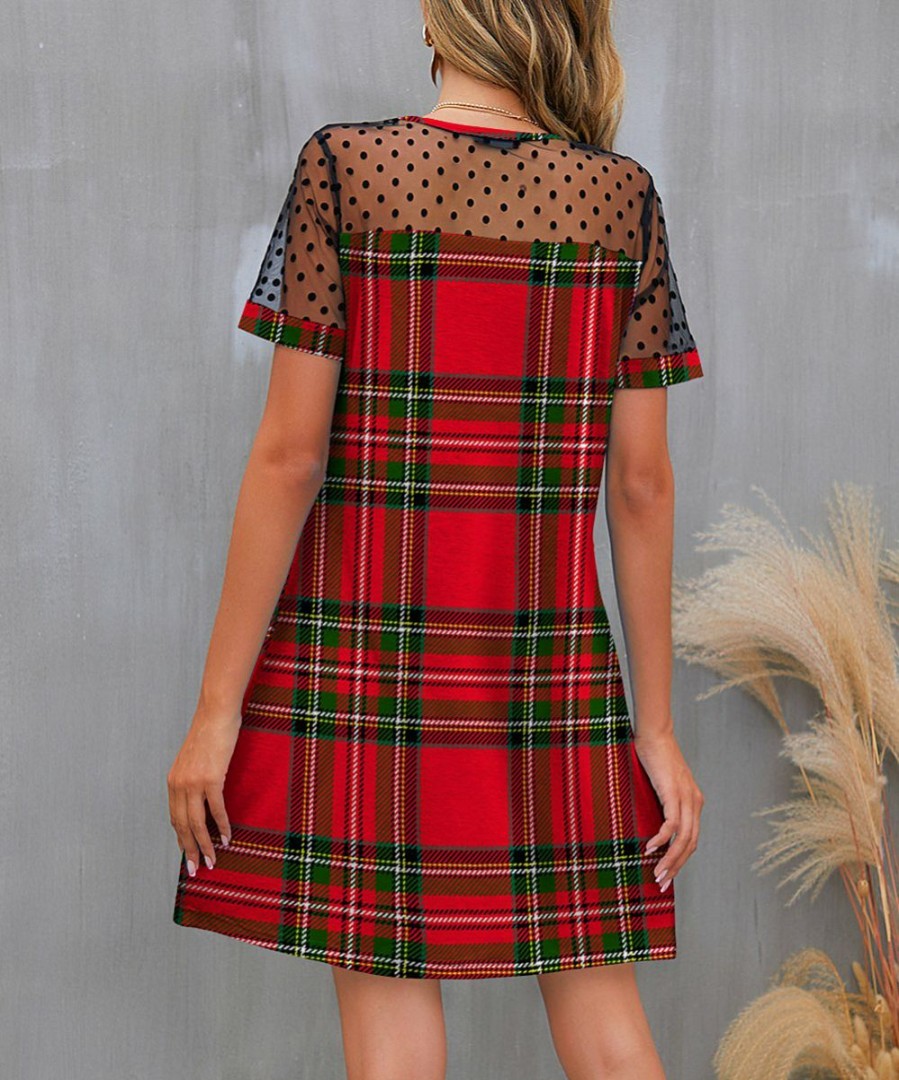 Women * | Best Reviews Of Izuria Red & Green Plaid Sheer-Accent Shift Dress Women & Plus