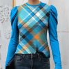 Womens Plus * | Flash Sale Izuria Sky Blue & Orange Plaid Mutton-Sleeve Top Women