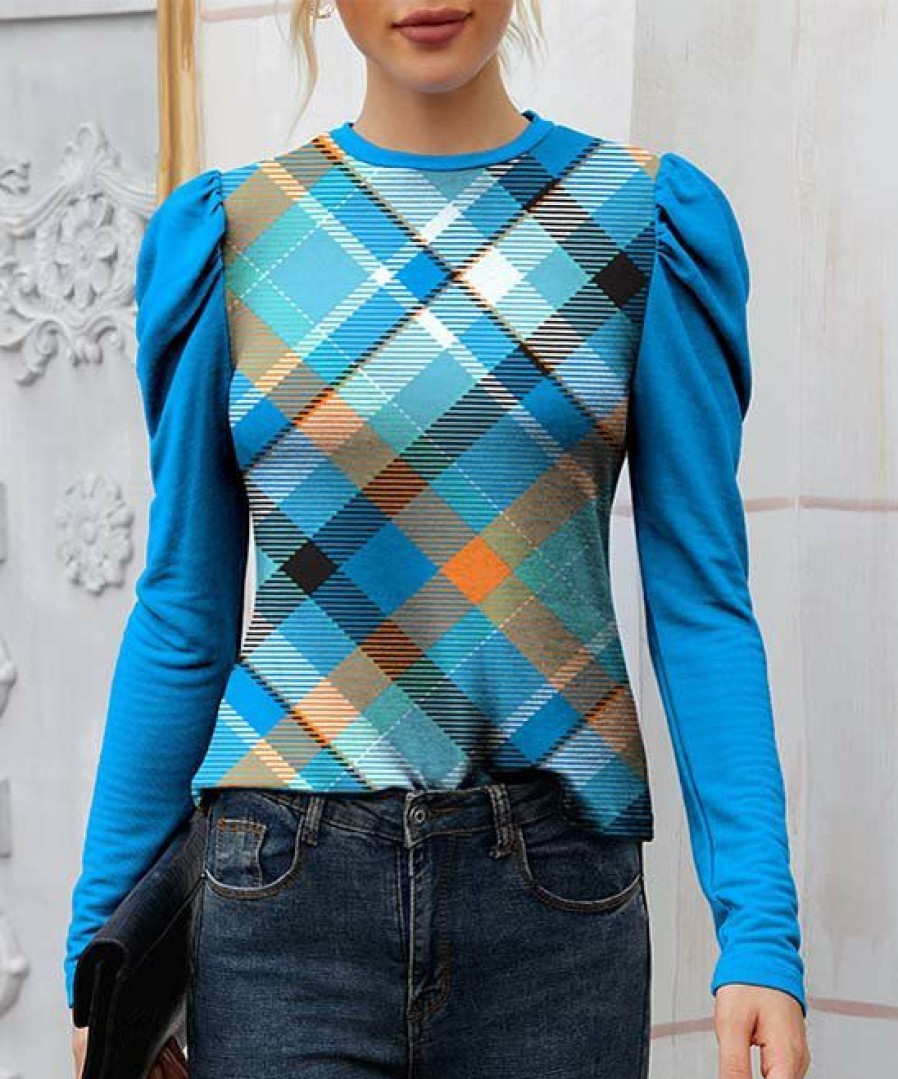 Womens Plus * | Flash Sale Izuria Sky Blue & Orange Plaid Mutton-Sleeve Top Women