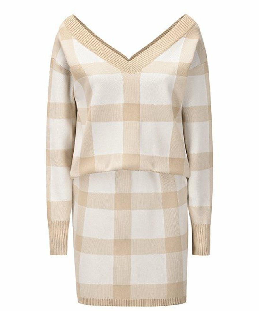 Women * | Flash Sale Izuria Khaki & Cream Windowpane V-Neck Sweater & Skirt Women