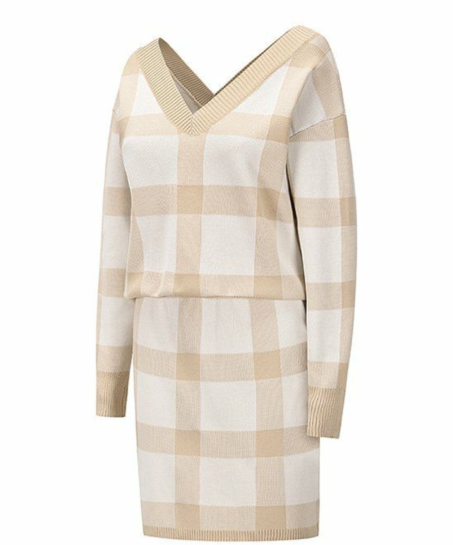 Women * | Flash Sale Izuria Khaki & Cream Windowpane V-Neck Sweater & Skirt Women