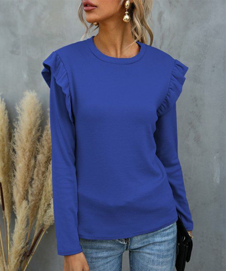 Womens Plus * | Best Pirce Izuria Royal Blue Long-Sleeve Ruffle Detail Crewneck Top Plus