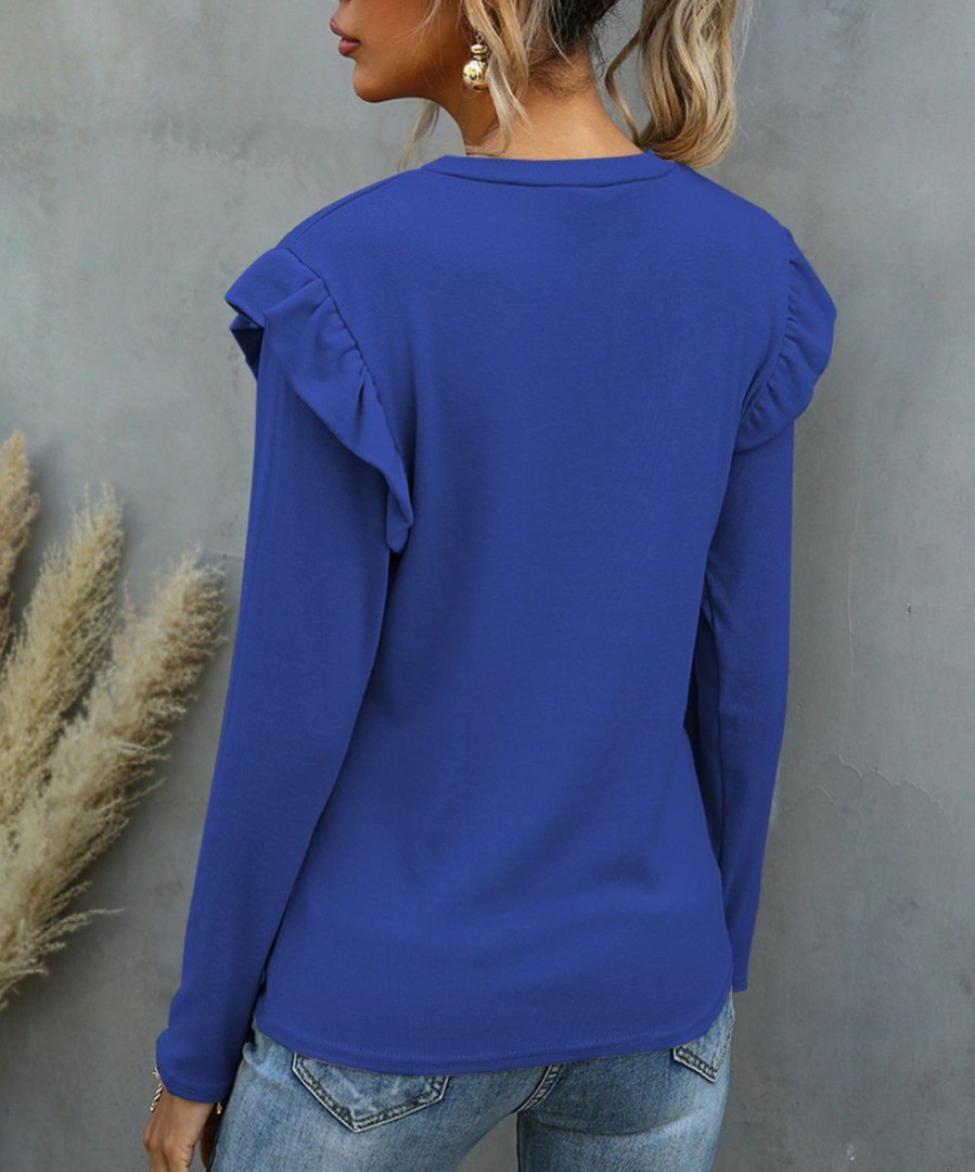 Womens Plus * | Best Pirce Izuria Royal Blue Long-Sleeve Ruffle Detail Crewneck Top Plus