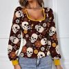 Womens Plus * | Cheap Izuria Coffee & Apricot Skull Floral Bishop Sleeve Scoop Neck Top Plus