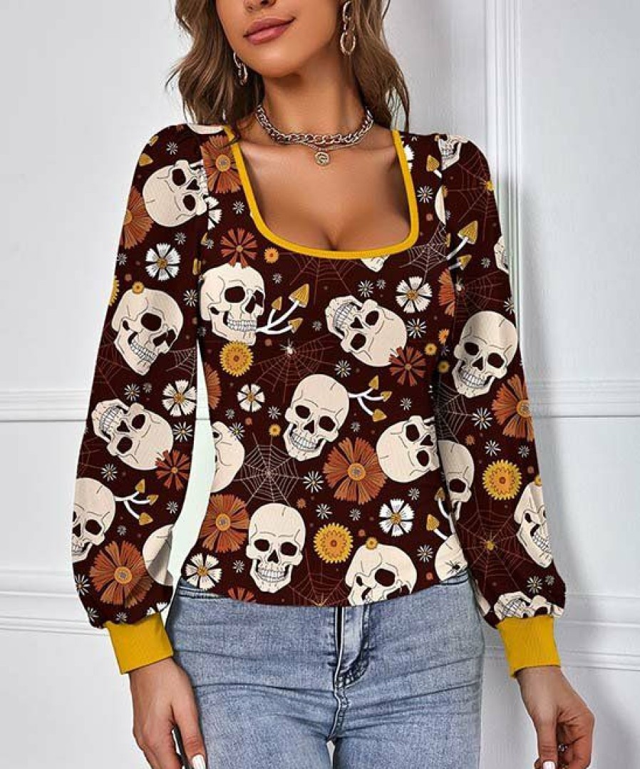 Womens Plus * | Cheap Izuria Coffee & Apricot Skull Floral Bishop Sleeve Scoop Neck Top Plus