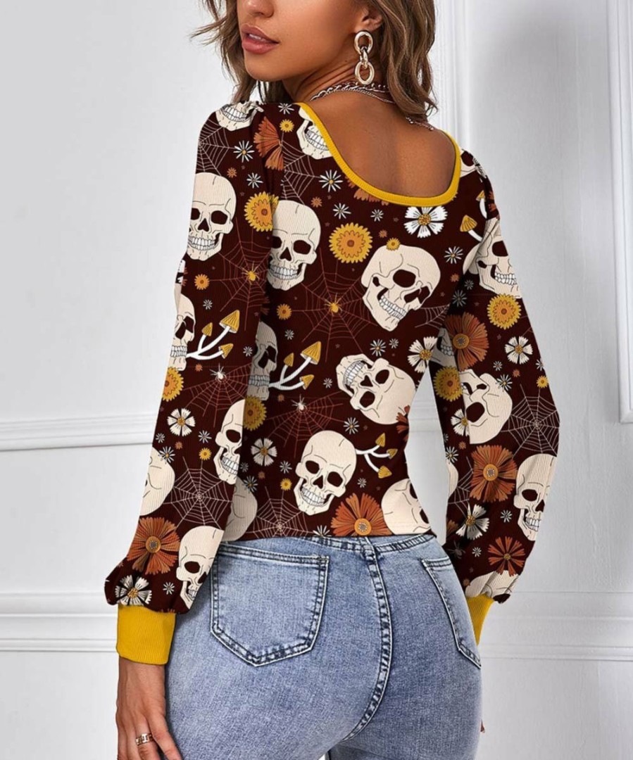 Womens Plus * | Cheap Izuria Coffee & Apricot Skull Floral Bishop Sleeve Scoop Neck Top Plus