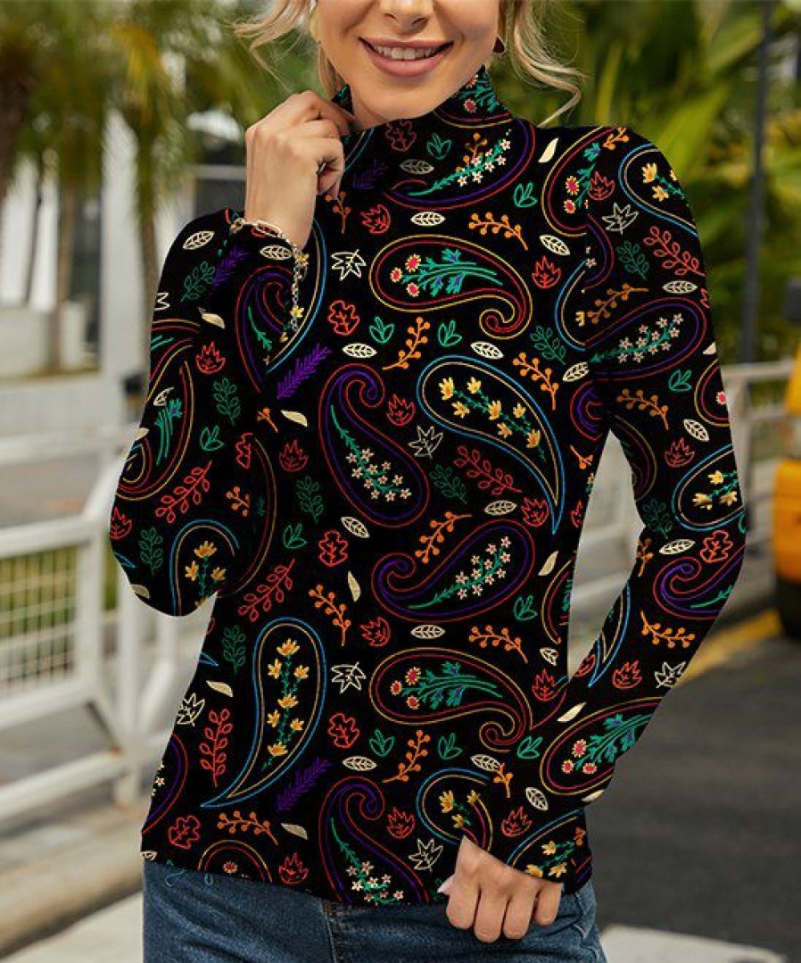 Womens Plus * | Wholesale Izuria Black Multicolor Paisley Floral Turtleneck Plus