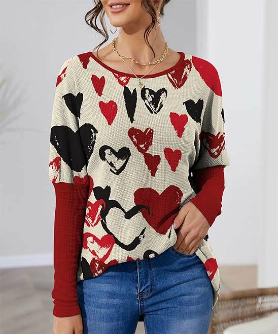 Womens Plus * | Cheap Izuria Apricot & Red Heart Balloon-Sleeve Waffle-Knit Tunic Women & Plus