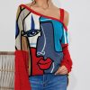 Womens Plus * | Discount Izuria Red & Blue Abstract Face Waffle-Knit Contrast Off-Shoulder Tunic Plus