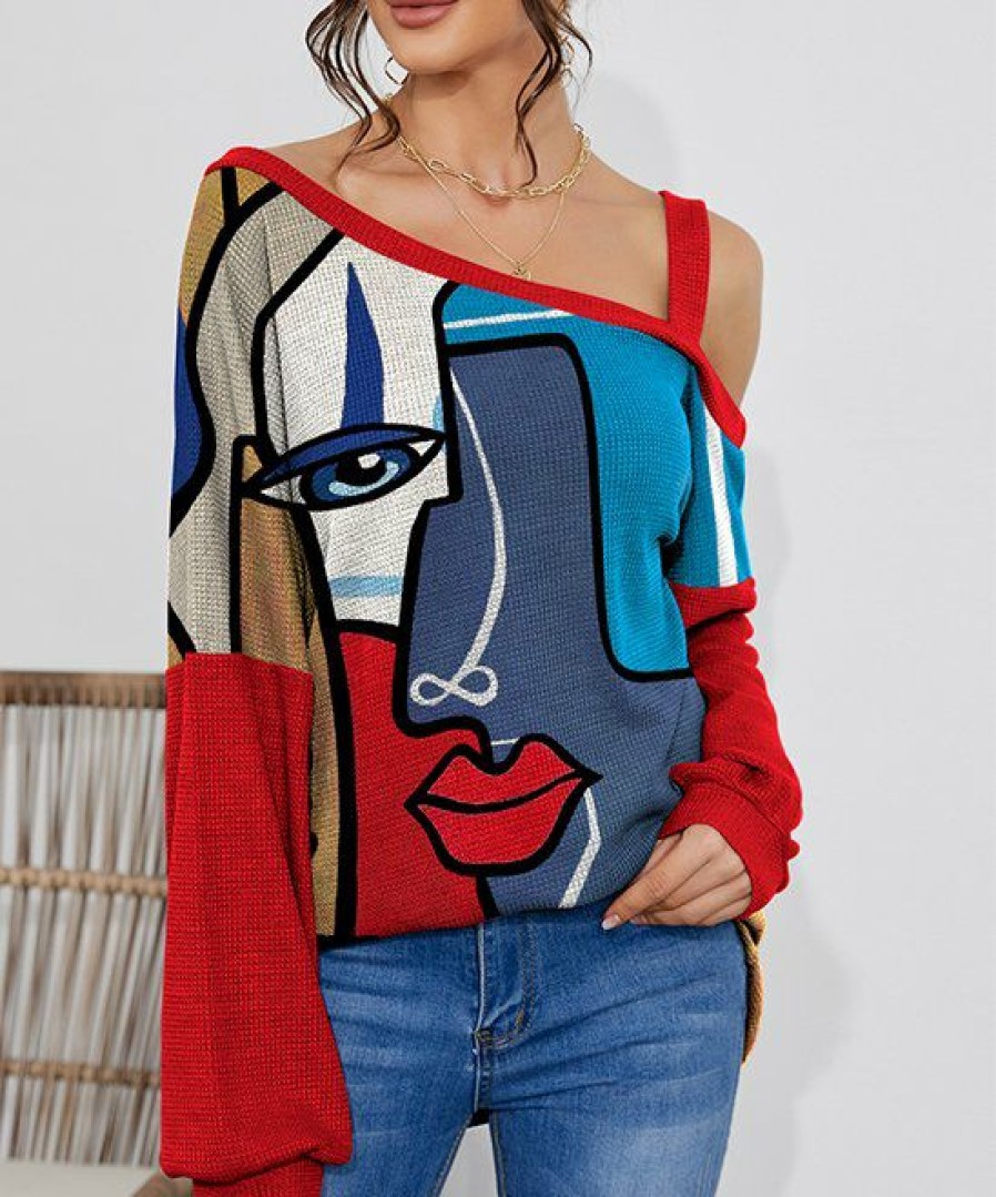 Womens Plus * | Discount Izuria Red & Blue Abstract Face Waffle-Knit Contrast Off-Shoulder Tunic Plus