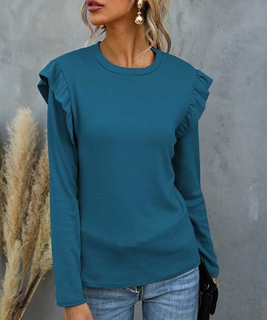 Womens Plus * | Deals Izuria Blue Ruffle-Shoulder Long-Sleeve Top Plus