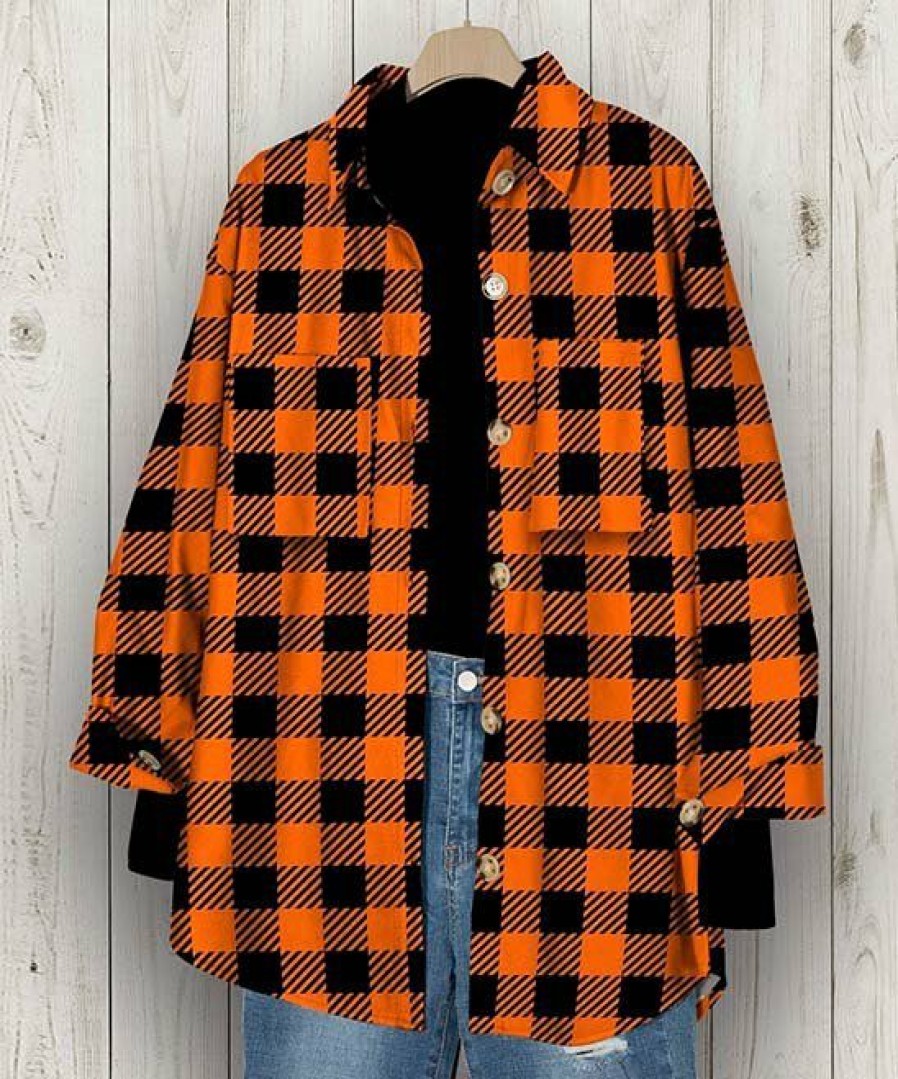 Women * | Best Sale Izuria Orange & Black Shepherds Check Pocket Button-Up Shacket Women & Plus