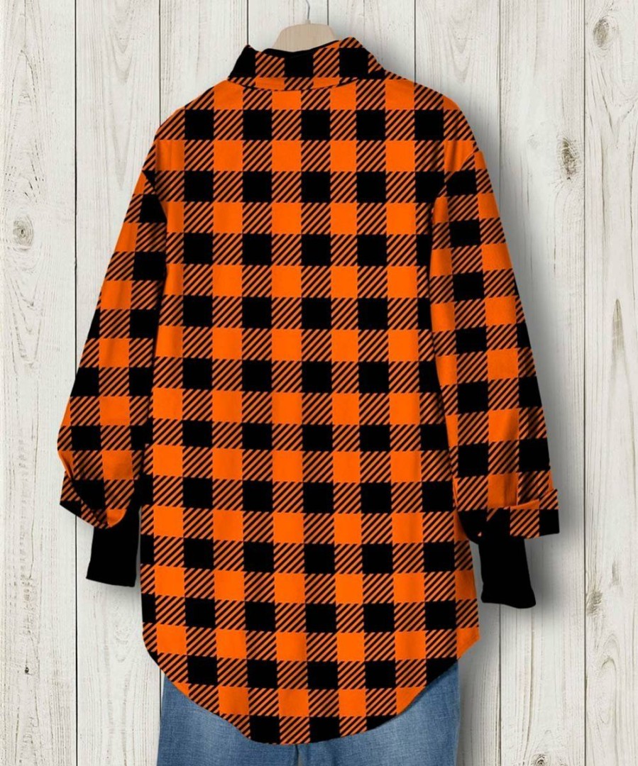 Women * | Best Sale Izuria Orange & Black Shepherds Check Pocket Button-Up Shacket Women & Plus