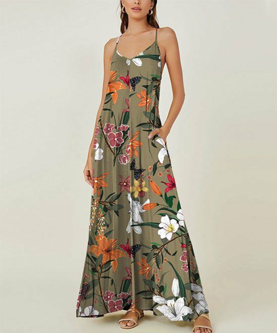 Women * | Outlet Izuria Army Green & Orange Floral Sleeveless Maxi Dress Women