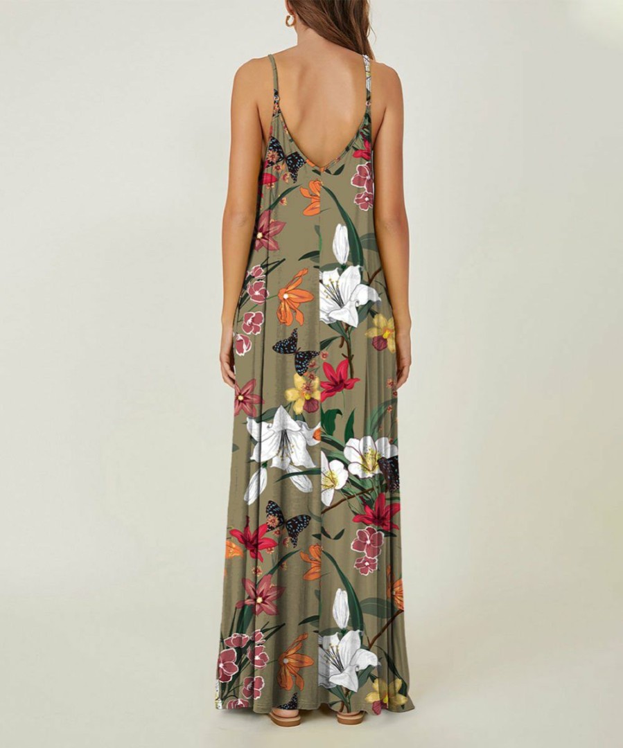 Women * | Outlet Izuria Army Green & Orange Floral Sleeveless Maxi Dress Women