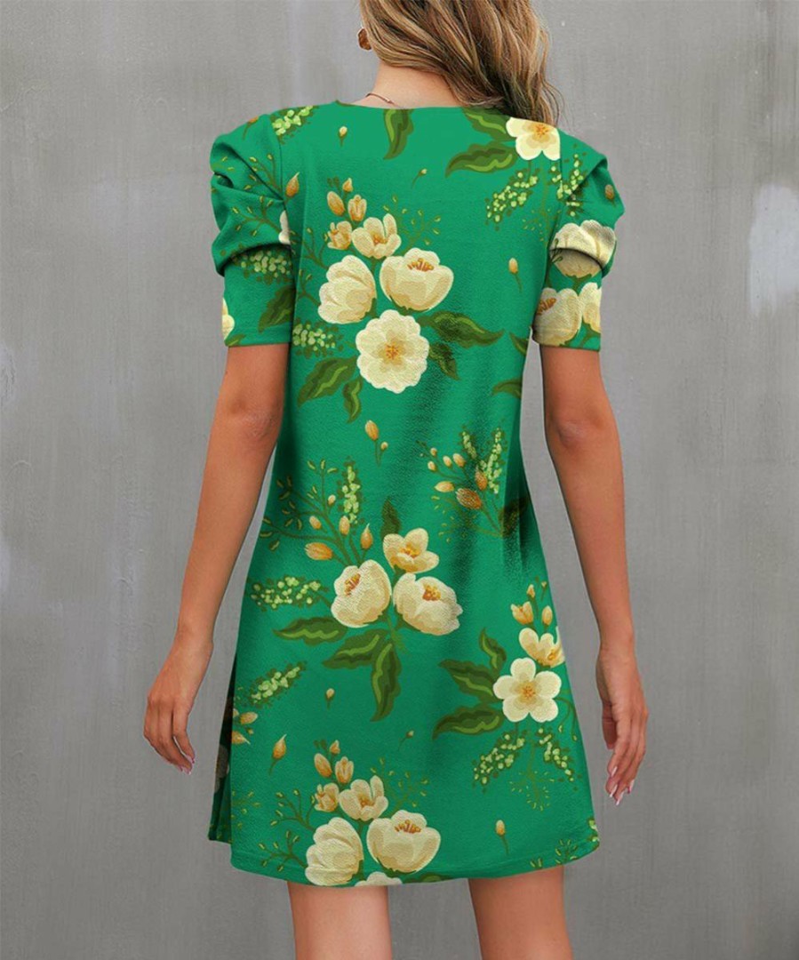 Women * | Cheapest Izuria Green & Yellow Floral Puff-Sleeve Shift Dress Women & Plus