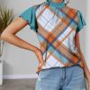 Womens Plus * | Brand New Izuria Aqua & Orange Plaid Mock Neck Flutter-Sleeve Top Women