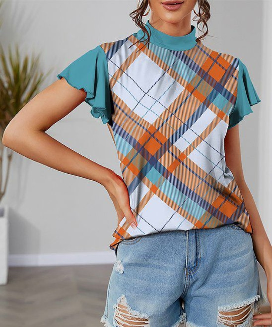 Womens Plus * | Brand New Izuria Aqua & Orange Plaid Mock Neck Flutter-Sleeve Top Women