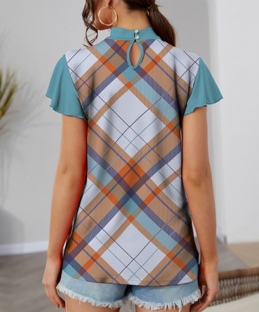 Womens Plus * | Brand New Izuria Aqua & Orange Plaid Mock Neck Flutter-Sleeve Top Women