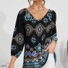 Womens Plus * | Best Pirce Izuria Black & Blue Geometric V-Neck Three-Quarter Sleeve Top Plus