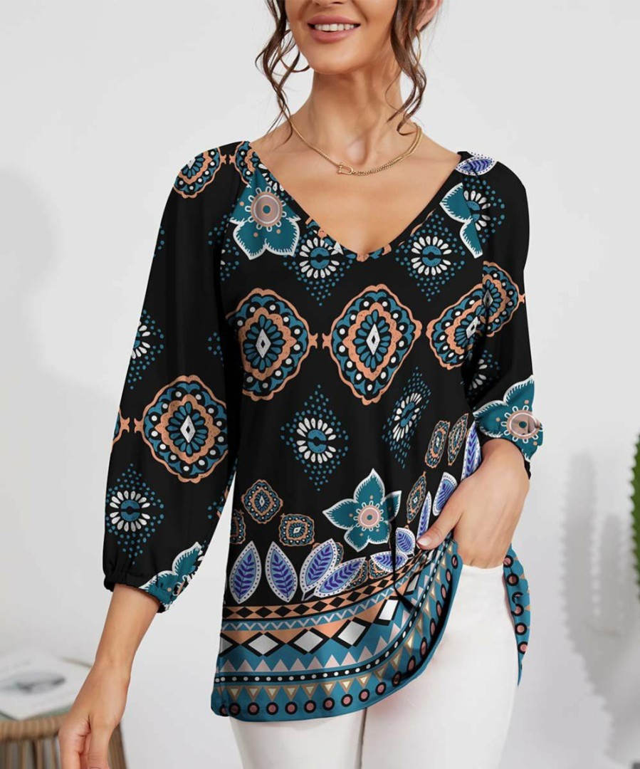 Womens Plus * | Best Pirce Izuria Black & Blue Geometric V-Neck Three-Quarter Sleeve Top Plus