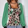 Womens Plus * | Buy Izuria Seafoam & Black Leopard Floral Bishop-Sleeve Square Neck Top Women