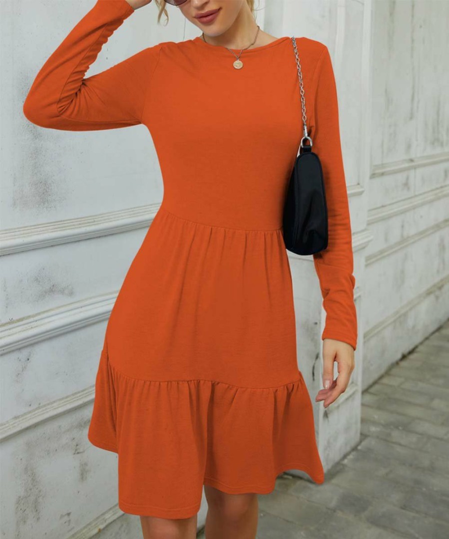 Womens Plus * | Best Deal Izuria Orange Long-Sleeve Ruffle-Hem Tiered A-Line Dress Women