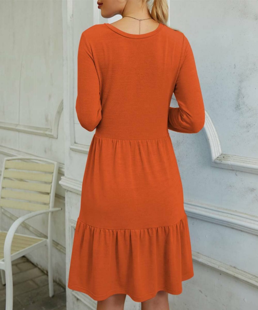 Womens Plus * | Best Deal Izuria Orange Long-Sleeve Ruffle-Hem Tiered A-Line Dress Women