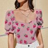 Other * | Brand New Izuria Pink & Fuchsia Strawberry Ruffle Puff-Sleeve Sweetheart Neck Top Plus