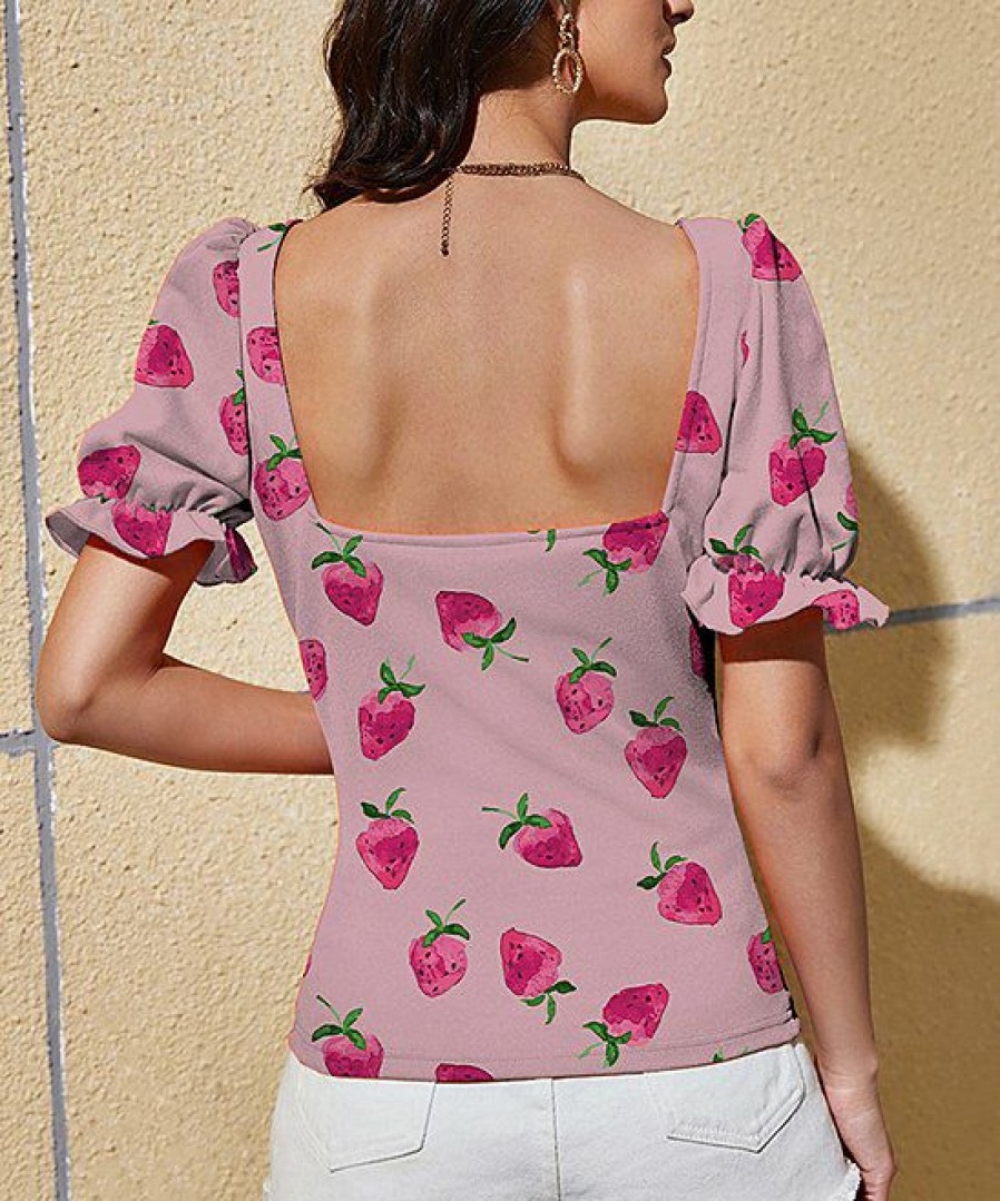 Other * | Brand New Izuria Pink & Fuchsia Strawberry Ruffle Puff-Sleeve Sweetheart Neck Top Plus