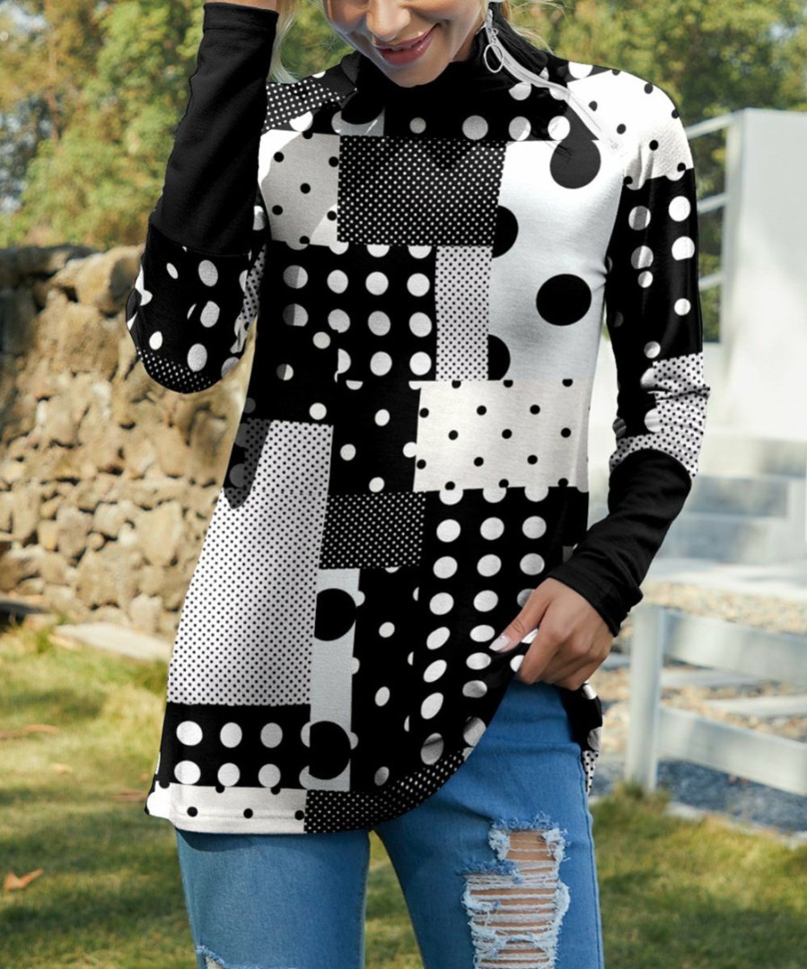 Women * | Budget Izuria Black & White Polka Dot Patchwork Shoulder-Zip Turtleneck Top Women