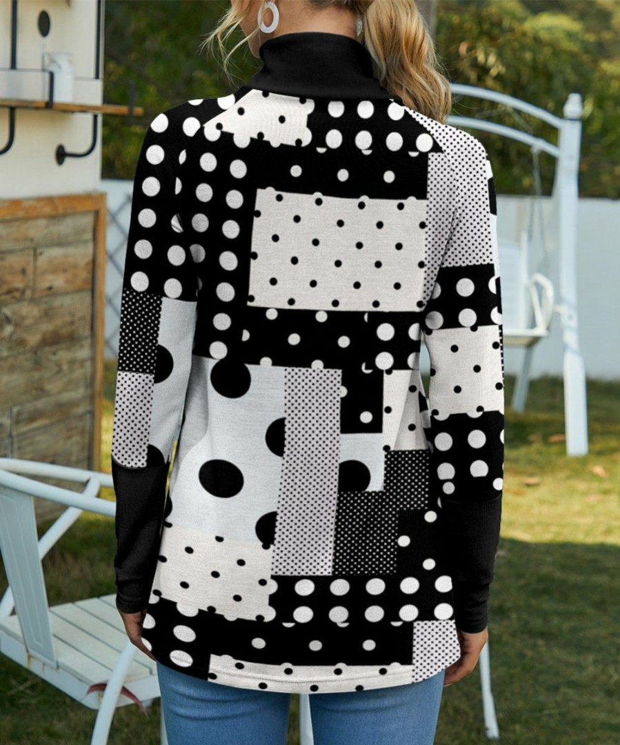 Women * | Budget Izuria Black & White Polka Dot Patchwork Shoulder-Zip Turtleneck Top Women