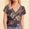 Womens Plus * | Flash Sale Izuria Purple & Coral Paisley Embroidered V-Neck Top Women