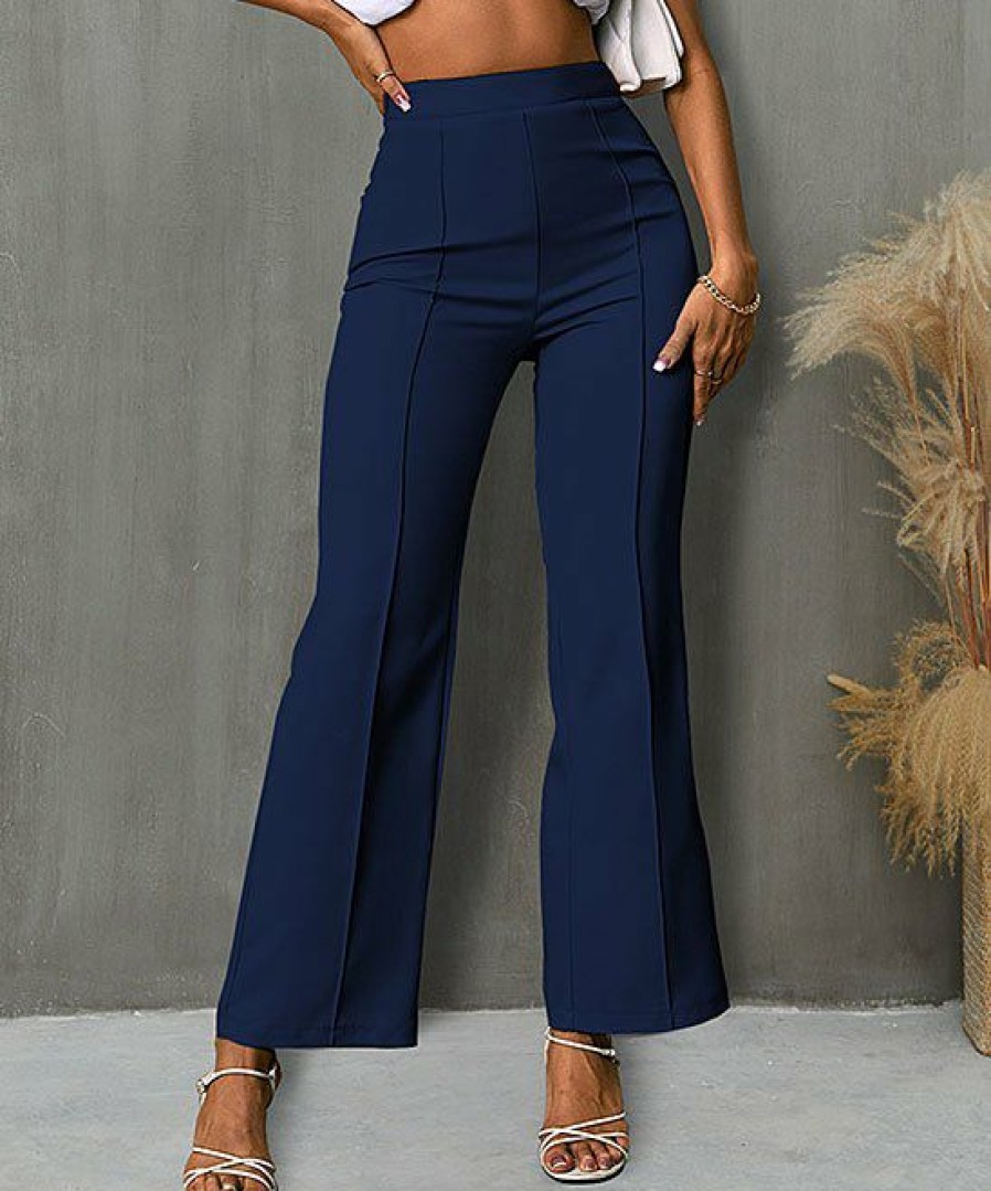 Women * | Deals Izuria Dark Blue Elastic-Waist Straight-Leg Pants Women & Plus